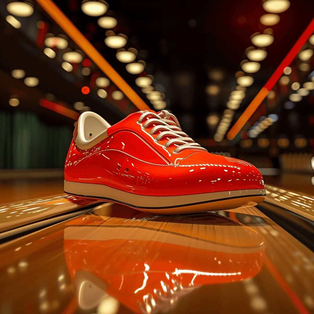 Roter Bowlingschuh auf einer Bowlingbahn