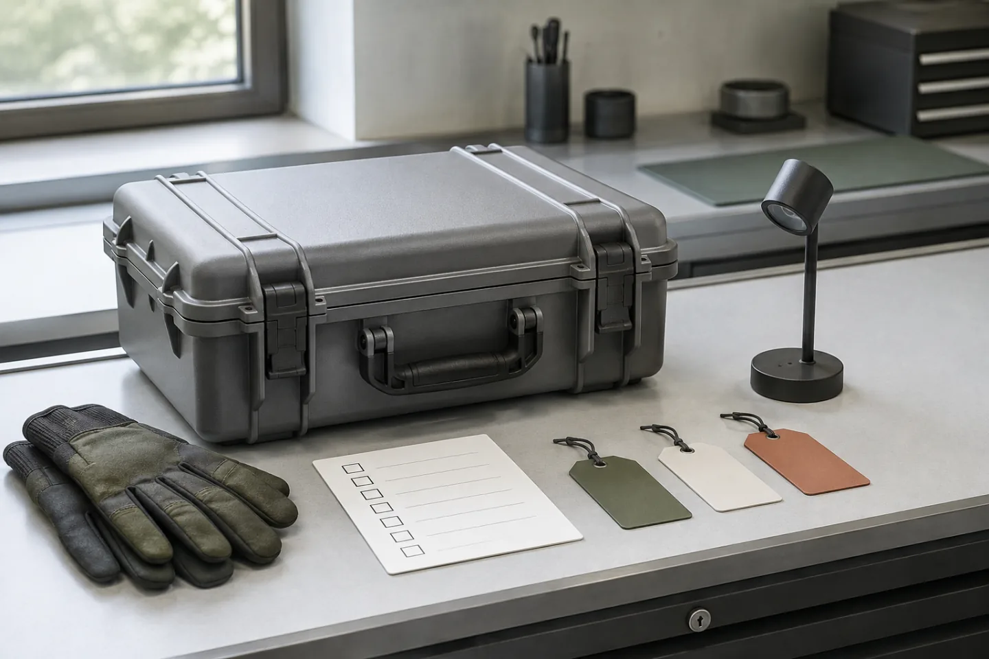 Geschlossener Materialkoffer mit leerer Kontrollkarte und Handschuhen